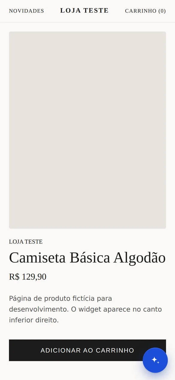 Página de produto da loja de teste com o botão Pergunte aqui no canto inferior direito.
